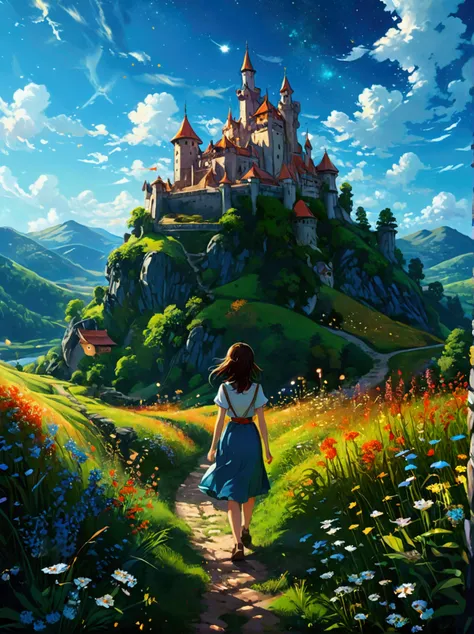 anime-style illustration, A serene landscape featuring a young woman is walking along a path The grassland, litle glowing flowers, fireflies, magical glow, overlooking mountainous valley and the great castle of the kingdom, stron clear blue sky, few stars....