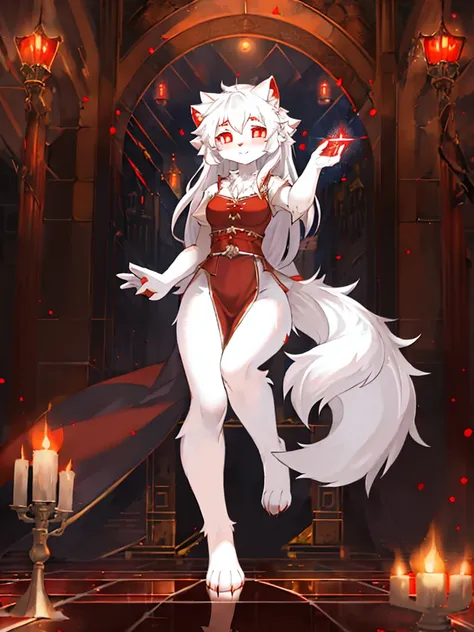 furry,sclera，red iris，white wolf princess，female,cute,perform magic effects with one hand，lights and reflections, , architecture...