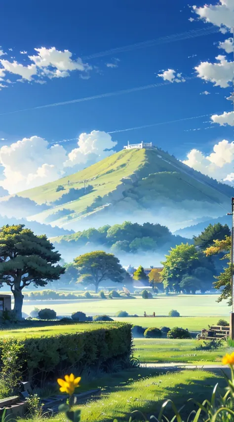 Vast and majestic skyline、The big sky occupies two-thirds of the photo、Girls and boys in casual clothes sitting side by side in the meadow、There is a deserted Japan city in the distance