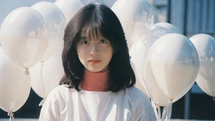 fashion portrait photo of beautiful young woman smiley  from the 60s wearing a red turtleneck standing in the middle of a ton of white balloons, taken on a hasselblad medium format camera , akina nakamori , shadow and light