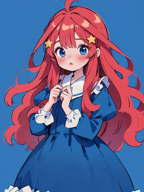 ((masterpiece, best quality:1.2), 1 girl, alone，red wavy hair，light fluffy long hair，bow headband，star hairclips, blue eyes, its...