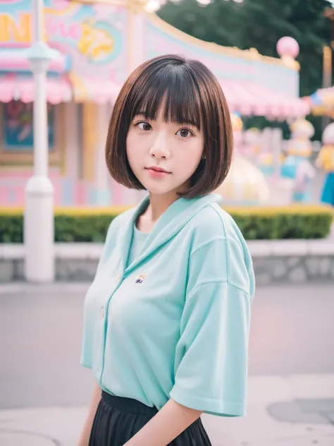 Portrait MagMix Girl look at camera, bob cut, short hair, ((theme park), palace, analog film photo, pastel color palette, shallow depth of field, highly detailed, hyper-realistic, medium-format film camera,