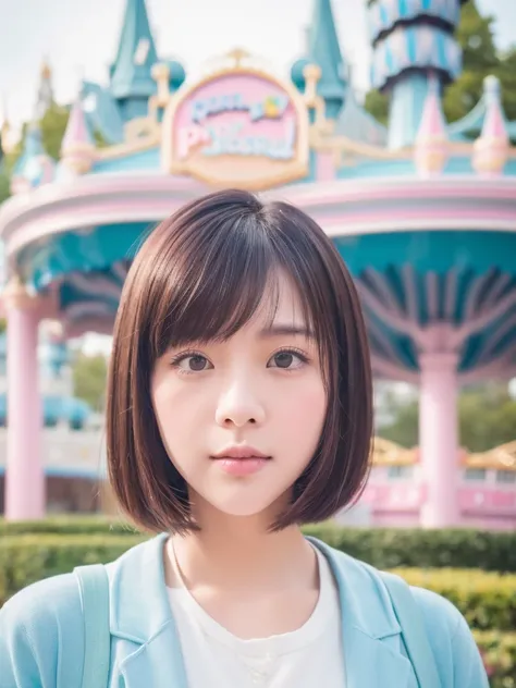 Portrait MagMix Girl look at camera, bob cut, short hair, ((theme park), palace, analog film photo, pastel color palette, shallow depth of field, highly detailed, hyper-realistic, medium-format film camera,