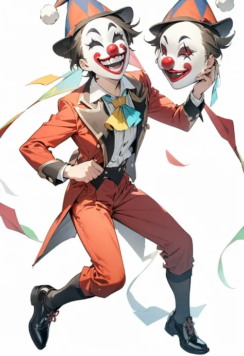 ({masterpiece}},{best quality,}，white background,full body,fantastic,clown mask，Lively，Handsome，Lean，({masterpiece}},{best quality}