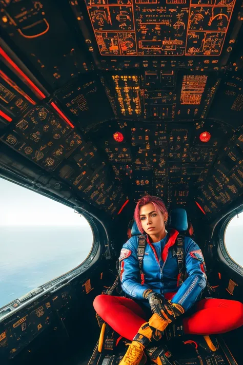 (Extremely detailed 8K wallpaper), superchica sitting tied in a Futuristic cockpit of fighter plane, red and blue Futuristic cockpit of fighter plane, sitting in the black leather pilot&#39;s seat, sitting on the leather seat in the cabin, Futuristic cockp...