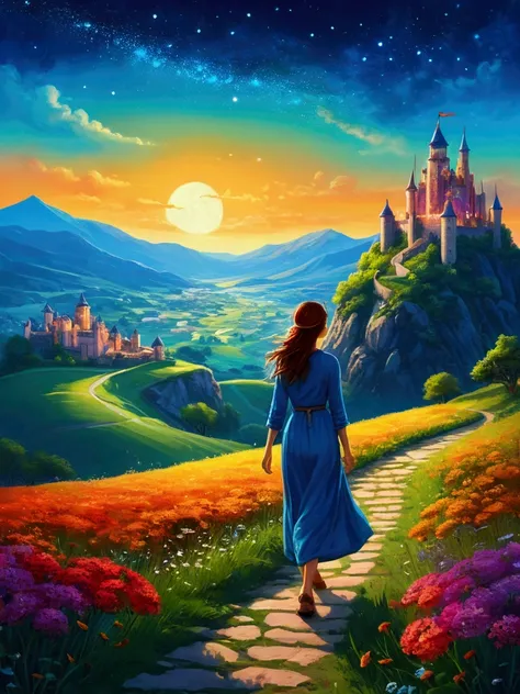 A serene landscape featuring a young woman is walking along a path The grassland, litle glowing flowers, fireflies, magical glow, overlooking mountainous valley and the great castle of the kingdom, stron clear blue sky, few stars. art style: highly saturat...