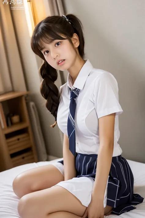 ((highest quality, masterpiece :1.3)), Photorealistic、Ultra-high resolution、Natural skin texture、Hyperrealism、Photograph from the knee up、13 year old beautiful Japanese girl、Twin tails、Large breasts、White collared shirt and tie、Ultra mini skirt、Angry expre...