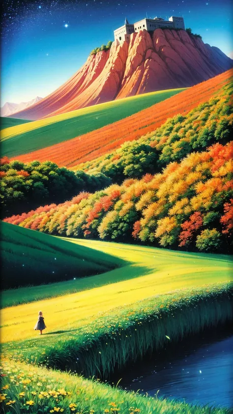 A serene landscape featuring a young woman is walking along a path The grassland, litle glowing flowers, fireflies, magical glow, overlooking mountainous valley and the great castle of the kingdom, stron clear blue sky, few stars. art style: highly saturat...