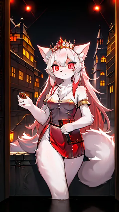 furry,sclera，red iris，White Wolf Princess，female,cute,Look at the camera，Lights and reflections, , Architecture of medieval Europe, Glazed tiles,Hell version of the background