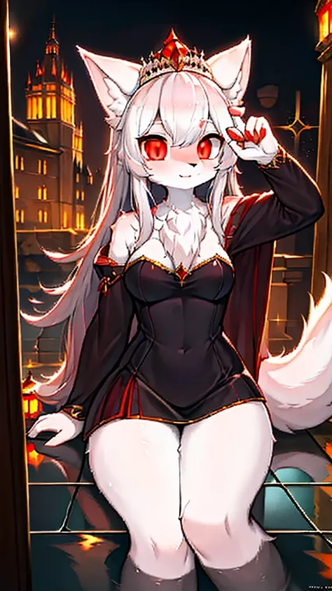 furry,sclera，red iris，White Wolf Princess，female,cute,Look at the camera，Lights and reflections, , Architecture of medieval Europe, Glazed tiles,Hell version of the background