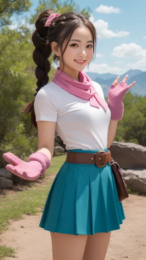 masterpiece, Highest quality, High resolution, Dragon Ball, Bull Pony, Aqua Hair, Hair Ribbon, Braided Ponytail, Pink Shirt, belt, scarf, Pink Skirt, Clothes writing, Brown gloves, Medium chest, Outdoor, Cowboy Shot, wave hands, smile