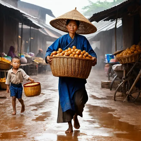 A market seller carries a market basket.Holding the baby by the hand၊ it returned, RAIN SEASON, best composition,  oil painting white background masterpiece, dough painting.