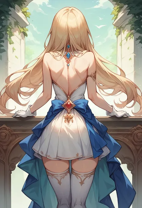 ((best quality)), ((masterpiece)), ((1girl)), solo, Ferry, ((long hair)), FerryBase, ((thighhighs)), bare shoulders, ((jewelry)), ((sleeveless)), white dress, blue skirt, ((gloves)), thigh-high, from behind.