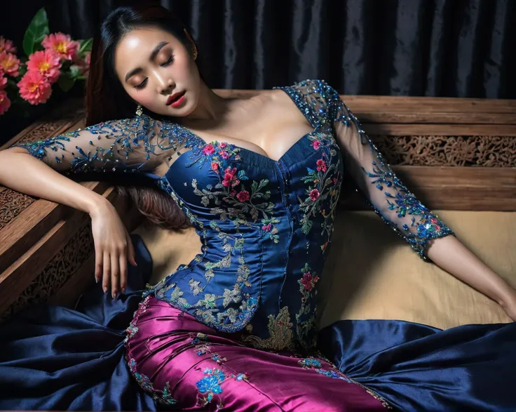 In a striking 8K HDR scene, a stunning Korean woman, 22 years old, lies peacefully in a black coffin surrounded by plush pillows. The deep box is set against a rich black background, accentuating the beauty of the subject. Her exquisite kebaya attire is em...