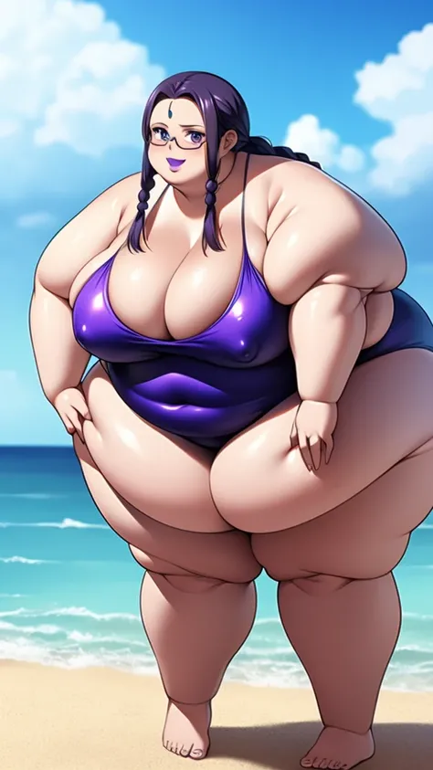 Anime Women, Adult female、1 person、Detailed face、Forehead、amount、Braided Pigtails、Long Hair、Glasses、Sharp eyes、Thick lips、Purple Lipstick、Painted lips、Very fat、Chubby、obesity、obesity顔、Double chin、Cheek、Thick neck、Fat-covered neck、Big Breasts、Very droopy br...