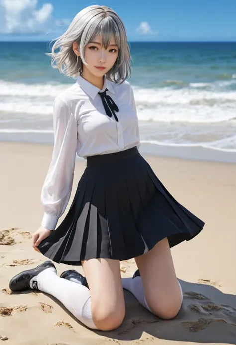 ((masterpiece)), ((best quality)), ((highres)), ((extremely detailed CG unity 8k wallpaper)), solo, tachibana kanade, tan , black skirt, white socks, outdoors, face, curtained hair, beach, parted hair, silver hair