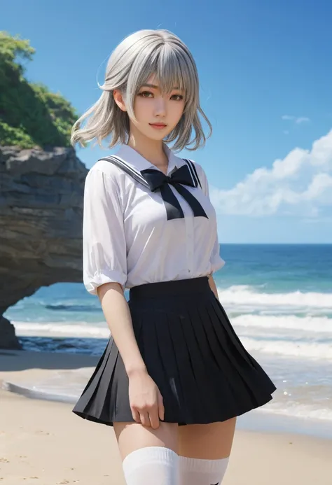 ((masterpiece)), ((best quality)), ((highres)), ((extremely detailed CG unity 8k wallpaper)), solo, tachibana kanade, tan , black skirt, white socks, outdoors, face, curtained hair, beach, parted hair, silver hair