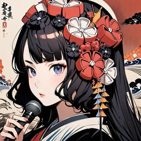 (((Highest quality))), (((Katsushika Hokusai))), (((Ink Painting))), ((Very straight long hair)), ((1 Girl)), ((beautiful girl)), ((With microphone in hand)), Headphones, Black Hair, Delicate and precise, Modern ukiyo-e style, Face close-up