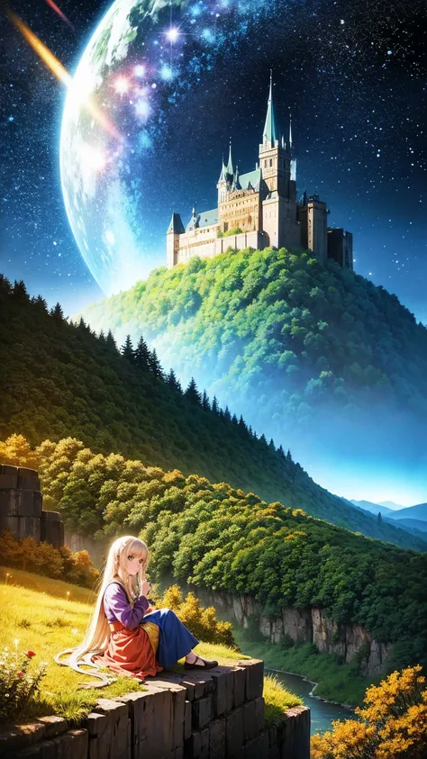 anime-style illustration, A scene of a young woman sitting on a hill, small luminous flowers, fireflies, magical light, overlooking a mountain valley and a magnificent royal castle, clear blue sky, some stars. art style: highly saturated and vibrant color ...