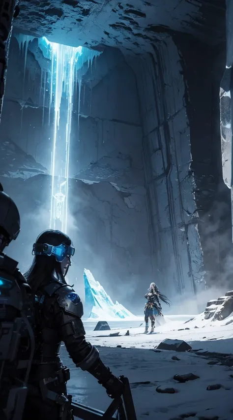 Cyberpunk, mechanical, broken, there is a picture of a very large iceberg, cyberpunk, mechanical, broken, with a lot of snow, dungeon background, icicle background, arena background, game background, dark dark cave background,a female warrior standing,((sm...