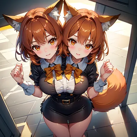 ,best quality, girl, fox ears, fox tail, Looking at the viewer, masterpiece, Best quality, from above,  twintails, short hair, wide hips, dress, orange hair, orange eyes, pioneer uniform, USSR unifor, (two heads).
