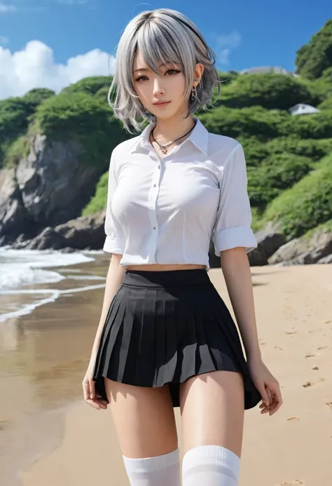 ((masterpiece)), ((best quality)), ((highres)), ((extremely detailed CG unity 8k wallpaper)), solo, tachibana kanade, tan , black skirt, white socks, outdoors, face, curtained hair, beach, parted hair, silver hair, tattoo,big tits,navel piercing