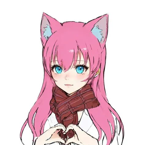 cute anime girl with pink hair and blue eyes wearing a scarf, holo is a wolf girl, anime catgirl, cute anime catgirl, anime girl with cat ears, nyaruko-san, holo if a wolf girl, very beautiful anime cat girl, beautiful anime catgirl, pink fox, anime girl n...