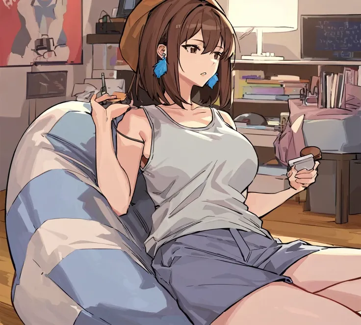 Adult female, mature, very short shaggy brown hair, wolf cut style hair, brown beanie, brown eyes, baggy hipster clothes, tanktop, hipster room, chill demeanor, nonchalant, neutral expression, one blue feather earring, leaning back on bean bag, holding lig...