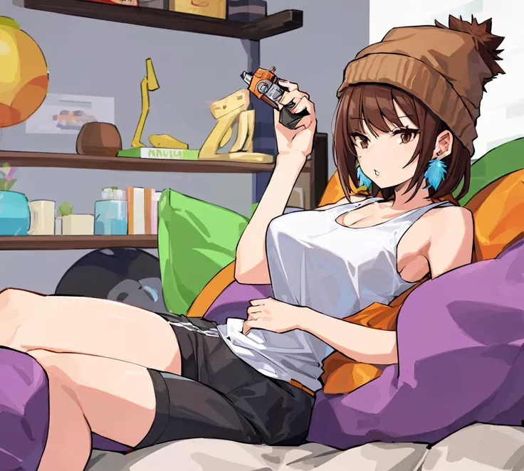 Adult female, mature, very short shaggy brown hair, wolf cut style hair, brown beanie, brown eyes, baggy hipster clothes, tanktop, hipster room, chill demeanor, nonchalant, neutral expression, one blue feather earring, leaning back on bean bag, holding lig...