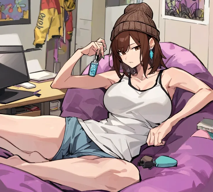 Adult female, mature, very short shaggy brown hair, wolf cut style hair, brown beanie, brown eyes, baggy hipster clothes, tanktop, hipster room, chill demeanor, nonchalant, neutral expression, one blue feather earring, leaning back on bean bag, holding lig...