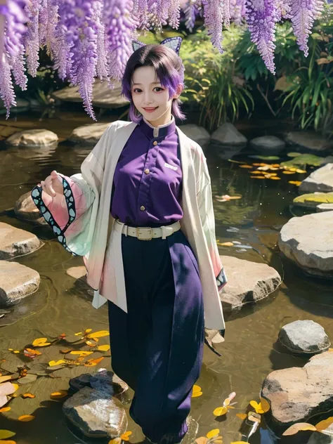 masterpiece, Highest quality, Super detailed, One girl, alone, kochou shinobu, Multicolored Hair, No bangs, Hair Intake, Purple eyes, amount, Wisteria, Black Shirt, Black trousers, Haori, butterfly, Standing waist-deep in the crystal clear water of a quiet...