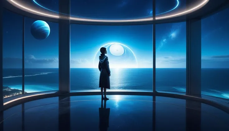 at night, front view of a person overlooking an infinite beautiful ocean with clear water out of a large window in a futuristic apartment with a planet in the sky in the background