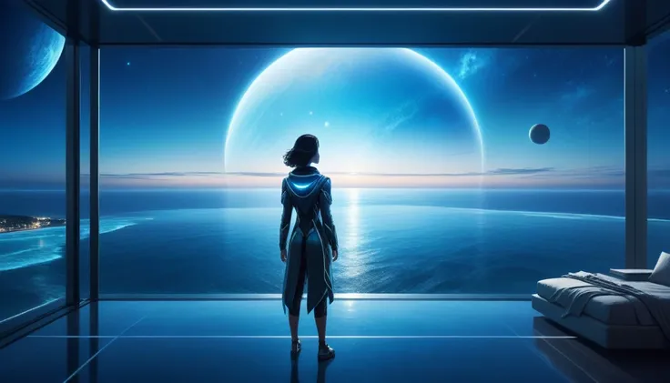 at night, front view of a person overlooking an infinite beautiful ocean with clear water out of a large window in a futuristic apartment with a planet in the sky in the background