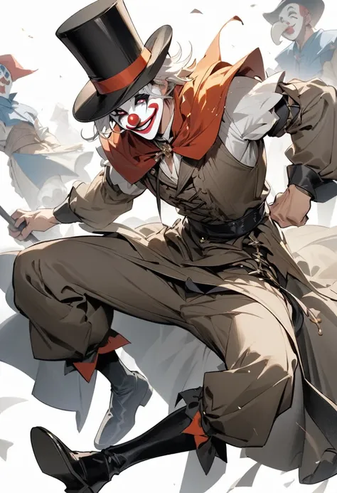 ({masterpiece}},{best quality,}，white background,full body，middle Ages,1man,clown mask，Top Hat，Lively，Handsome，Lean，({masterpiece}},{best quality}