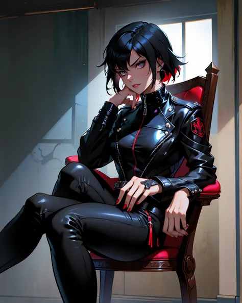 A lovely demonic emo girl with black fringe hair with red highlights, with black mascara, wearing a black gothic emo outfit with black leather jacket and latex leggings, sitting on a chair, holding a guitar.. Draw in style by Makoto Shinkai and Ilya Kushin...