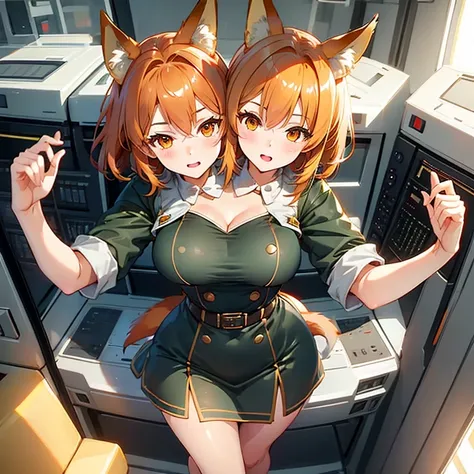 ,best quality, girl, fox ears, fox tail, masterpiece, Best quality, from above,  short twintails, short hair, wide hips, dress, orange hair, orange eyes, pioneer uniform, USSR unifor, (two heads).
