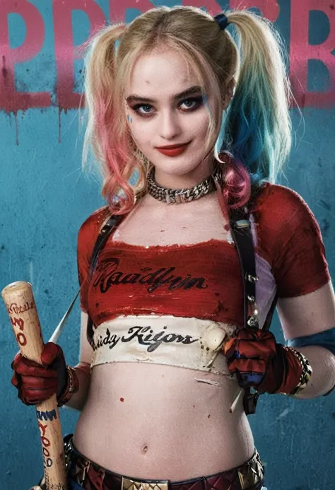 An illustrated movie poster of Kathryn Newton dressed as Harley Quinn, half-body shot, laughter, holding a barbed baseball bat over shoulder menacingly, f /2.8, cinematic, high quality, movie poster quality, skin texture, looking at the camera  hard shadow...