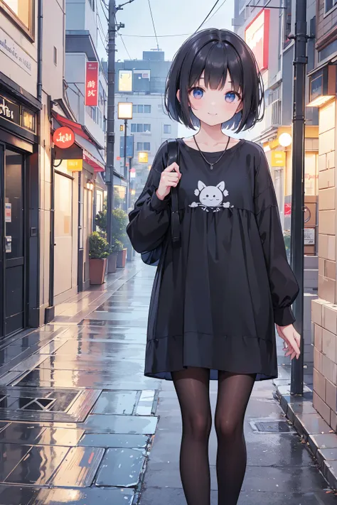 Photorealistic、Highest quality、Highest Resolution、Highest quality、８Ｋ、Beautiful woman、cute、Bob Cut Hair、Dark Hair、Casual clothing、smile、Smile、rain、Walking around the city、