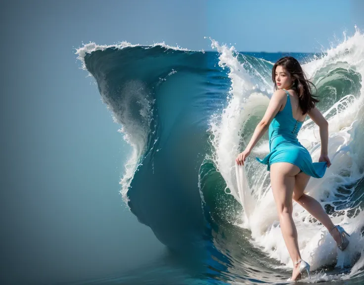 A woman in her 50s wearing a blue dress surfing the waves, Sea, Above seawater, In the sea, in the sea, Goddess of the Sea, Incredible beauty, Underwater, Japanese Model, Jaeyoung Nam, It&#39;s hot with the shining sun, Beautiful Korean Women, Underwater, ...