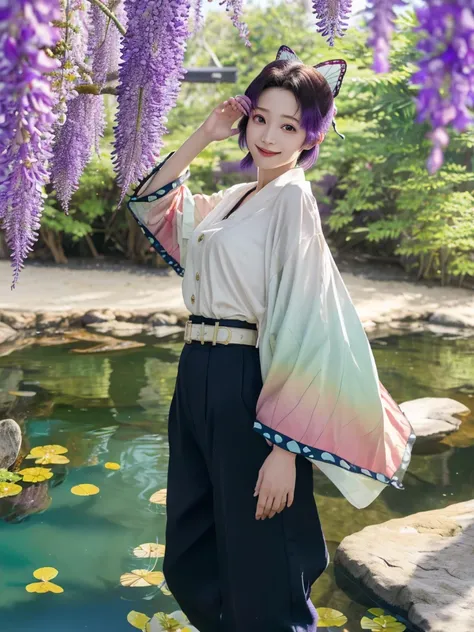 masterpiece, Highest quality, Super detailed, One girl, alone, kochou shinobu, Multicolored Hair, No bangs, Hair Intake, Purple eyes, amount, Wisteria, Black Shirt, Black trousers, Haori, butterfly, Standing waist-deep in the crystal clear water of a quiet...