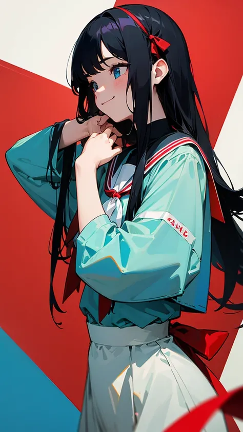 Two or more female college students、Black Hair Semi-Long、Tying hair with a red ribbon、wearing a light blue jersey、Looking this way and smiling、