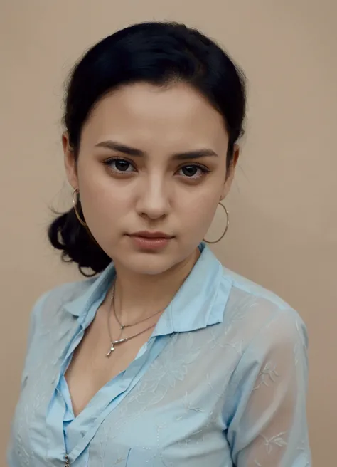 arafed photo of a woman with a blue shirt and a necklace, black hair