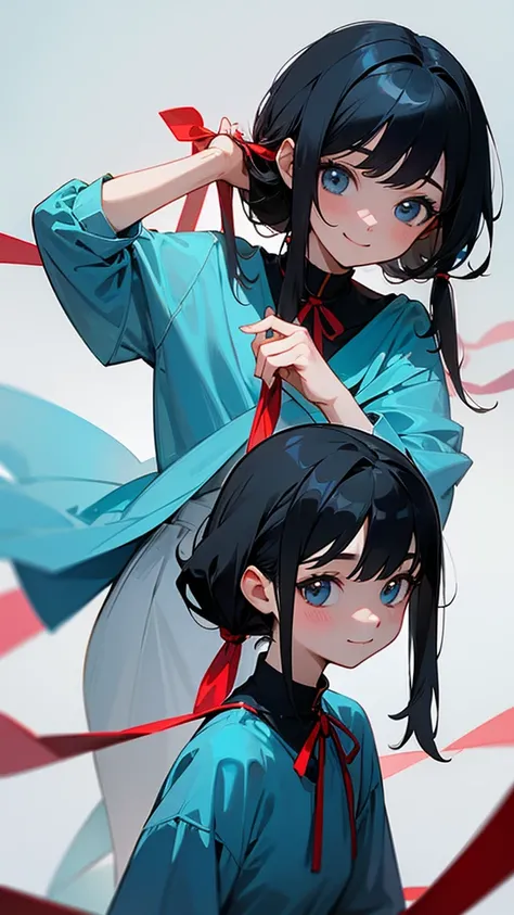 Two or more women、Black Hair Semi-Long、Tying hair with a red ribbon、wearing a light blue jersey、Looking this way and smiling、