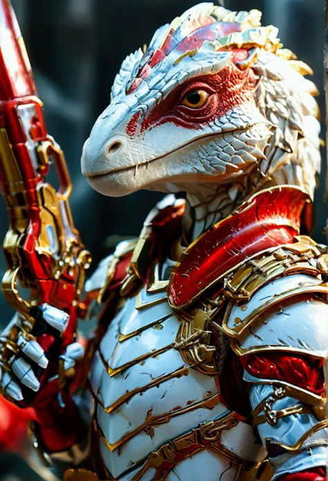 elf, Armor resembling a red scaled dinosaur., white curved horn, razor blade, Golden jetpack and rocket launcher, Masterpiece, best quality,holding a weapon