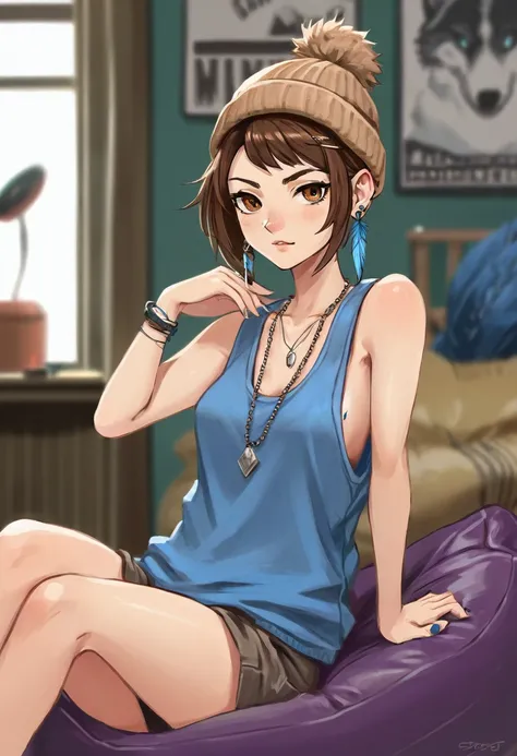 Adult female, mature, very short shaggy brown hair, wolf cut style hair, brown beanie, brown eyes, baggy hipster clothes, tanktop, hipster room, chill demeanor, nonchalant, neutral expression, one blue feather earring, leaning back on bean bag, holding lig...