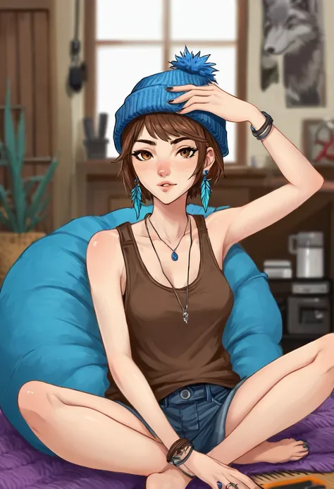 Adult female, mature, very short shaggy brown hair, wolf cut style hair, brown beanie, brown eyes, baggy hipster clothes, tanktop, hipster room, chill demeanor, nonchalant, neutral expression, one blue feather earring, leaning back on bean bag, holding lig...