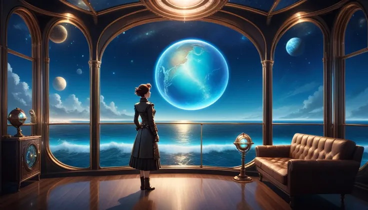 at night, front view of a person overlooking an infinite beautiful ocean with clear water out of a large window in a steampunk 20th century apartment with a planet in the sky in the background