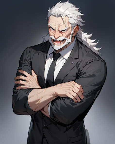 masterpiece, best quality, very aesthetic, absurdres, 1man, old man, solo, silver hair, extra short hair, wolf hair, black eyes, beared, white beared, black jacket, white shirt, collared shirt, black necktie, smile, open mouth, upper teeth, brawny, cross a...