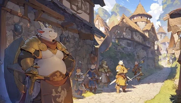 Dragon, male, furry anime,fat, chubby,main character,perfect body, detailed face,paladin,wearing Medieval adventure equipment ,A heavy greatsword on the back, Holding a large shield , medieval times, village,anthro,doujin,yaoi,fantasy world ,isekai, advent...