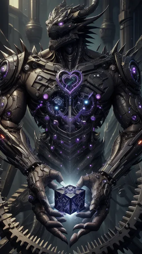 Dragon Technology, Science Fiction,obsidian , Rainbow,   (cube:1.1), Heart-shaped , Weighted companion is surrounded by gears